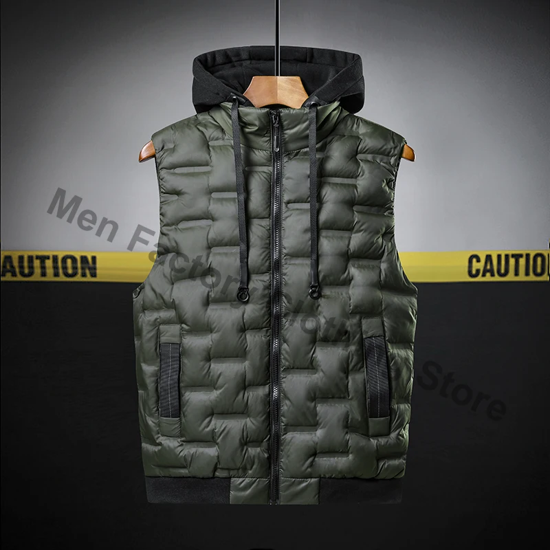 

Winter Hooded Vest Men Pleated Solid Padded Vest Windproof Warm Sleeveless Jacket Homme Casual Waistcoat Thicken Parkas 8XL