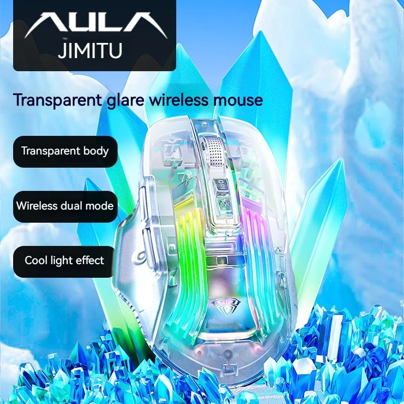 Aula SC518 Transparent Mouse Double Mode 2.4G Bluetooth Wireless Mouse Lightweight RGB Gaming Mice Office Supply For PC Laptop