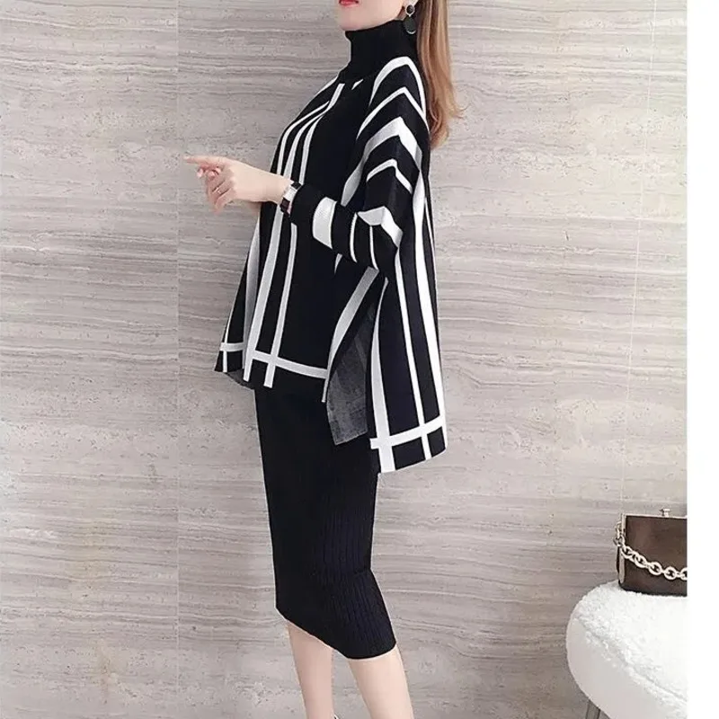 Nero bianco maglione a righe donna mantello autunno inverno sciolto spesso lavorato a maglia mantello dolcevita selvaggio caldo Pullover manica a