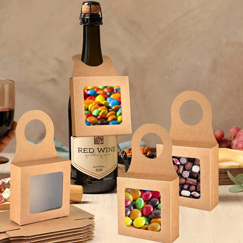 30Pcs Kraft Wine Bottle Boxes With Window Hanging Foldable Durable Kraft Paper Gift Box Decorative Wedding Party Supplies