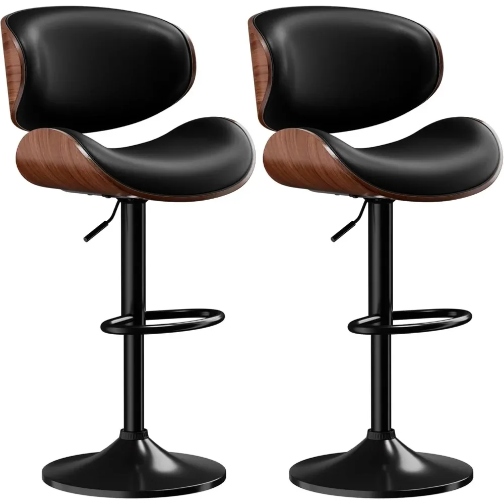 PU couro ajustável giratória Bar Stools, preto forte meados do século cadeira moderna, estofados balcão altura Bar Stool, conjunto de 2