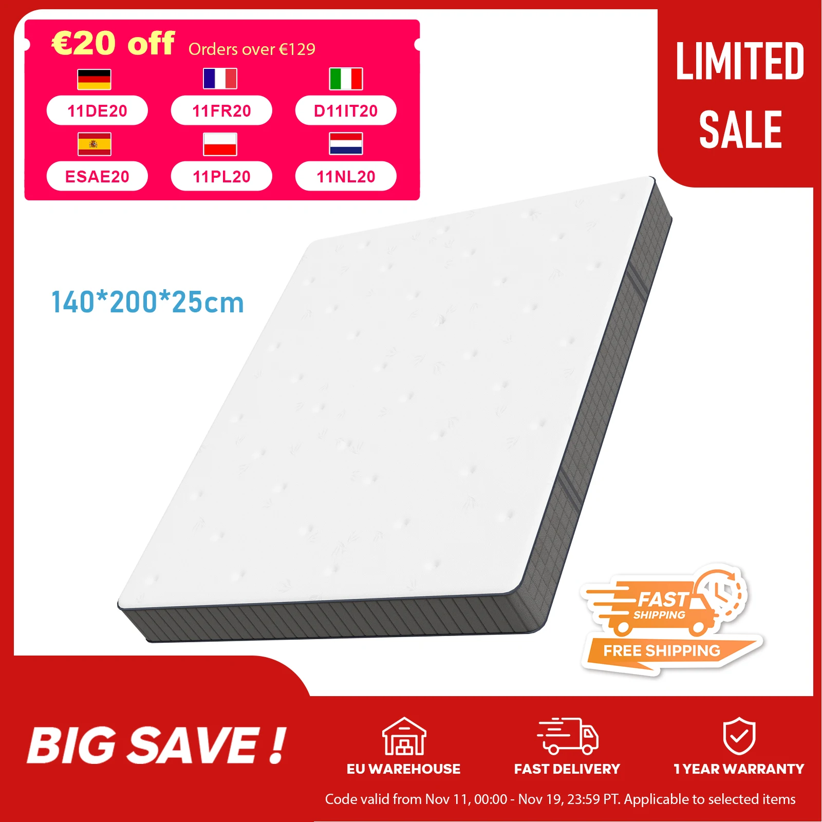 Materasso con anima a molle insacchettate 140*200*25 cm H3 - 7 zone con schiuma diatomea e supporto ortopedico