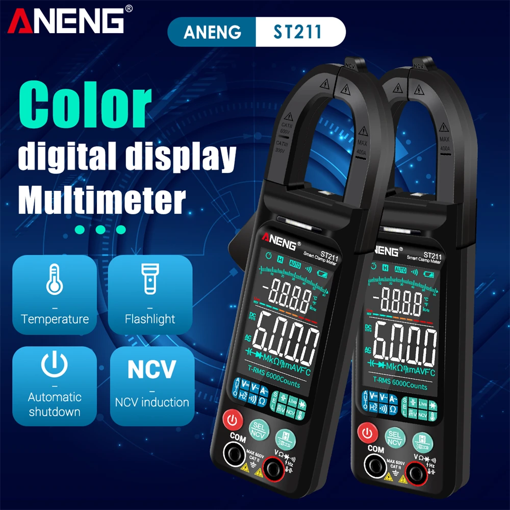 ANENG ST211 Digital Clamp Meter Multimeter 6000 Counts AC Voltage Current Tester Car Amp Hz NCV Ohm Big Color Screen Test