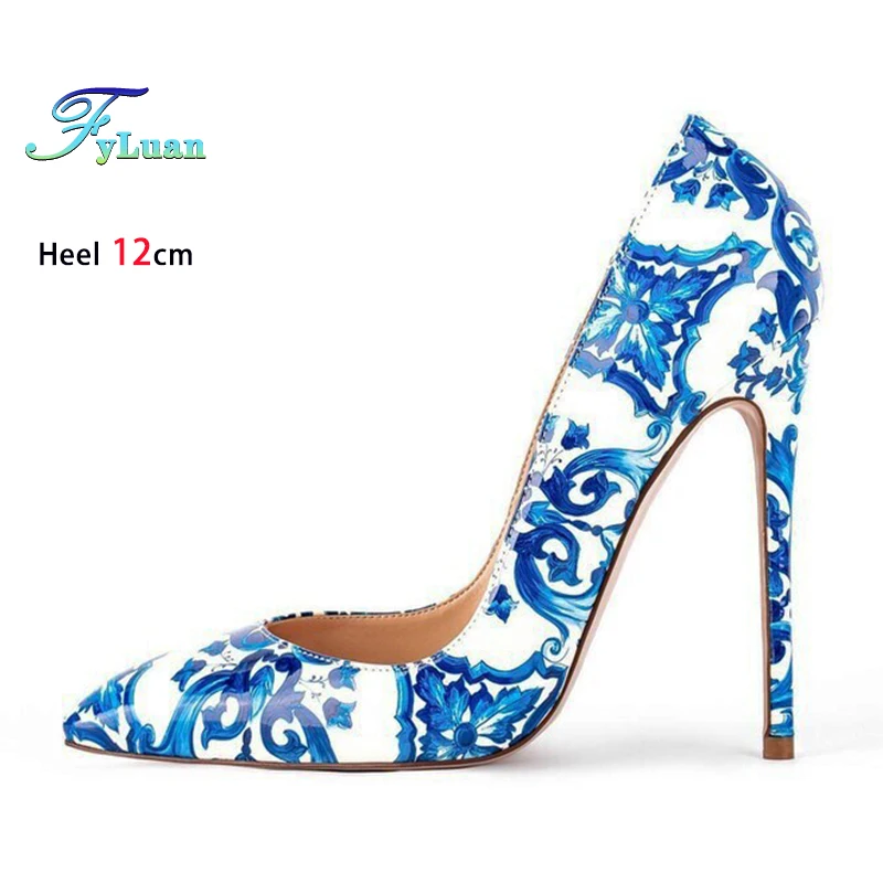 

Blue Print China Style Party Dress High Heels 12CM Fashion Versatile Temperament Banquet Shoes Women Summer Pointed Toe Pumps