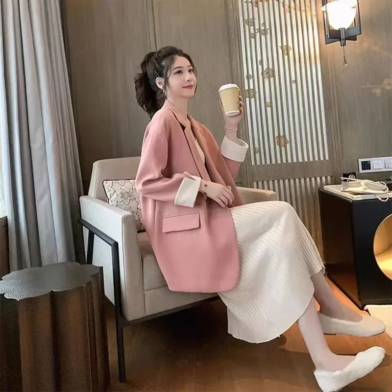 Women's Medium Length Blazers Pink Female Coats and Jackets Spring Autumn Elegant Youth Outerwear Deals Chic Classic Suit Casual