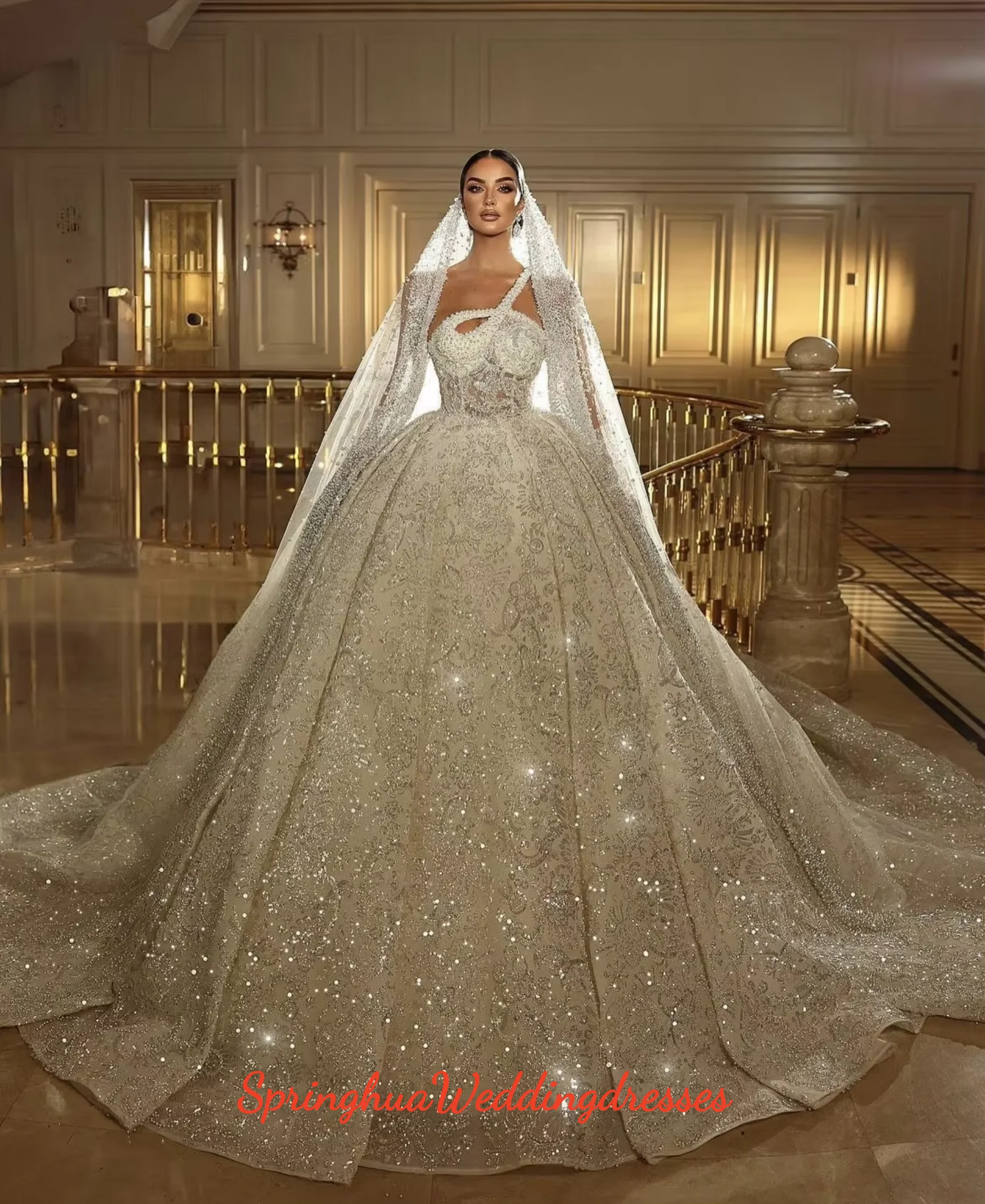 Customized Luxury Champagne One Shoulder Ball Gown Wedding Dress Elegant Beaded Bridal Gown Cathedral Vestidos De Novia