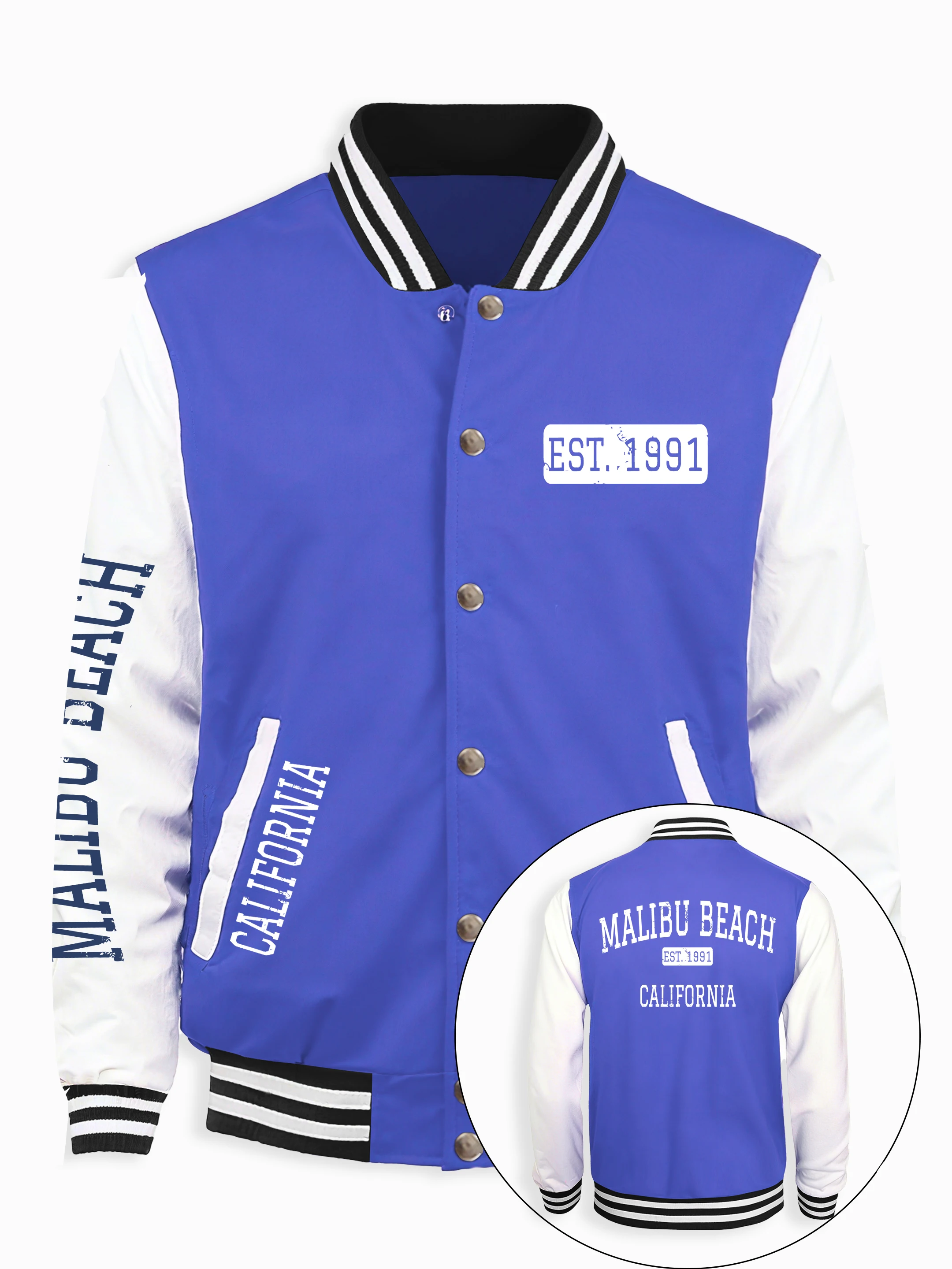 

Malibu Beach Est 1991, бейсбольная куртка с принтом Калифорнии, мужская повседневная свободная верхняя одежда, осенняя флисовая одежда, мужское пальто в американском стиле хип-хоп
