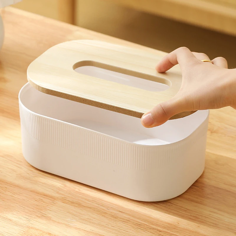 Plastic Tissue Box with Wooden Cover Nordic Simplicity Style Desktop Napkin Box Living Room Bathroom Toilet Square Tissue Box