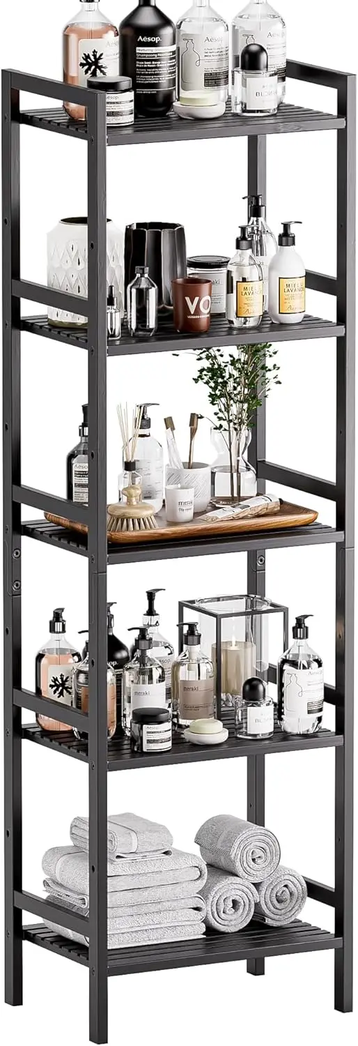 

5-Tier Narrow Bamboo Bookshelf, Slim Tall Storage Rack with Adjustable Shelves, Free Standing Shelving Unit for Living Room Bedroom Bathroom, Black