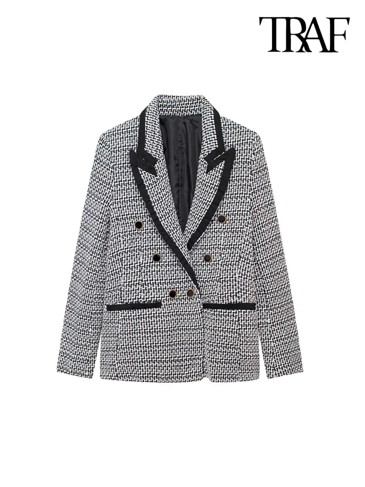 TRAF-Patchwork Tweed Blazer for Women, Long Sleeve Coat, Welt Pockets, Female Outerwear, Chic Tops, Fashion