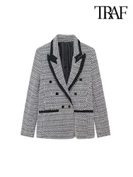 TRAF-Blazer in Tweed Patchwork per donna, cappotto a maniche lunghe, tasche a saldare, capispalla femminile, top Chic, moda