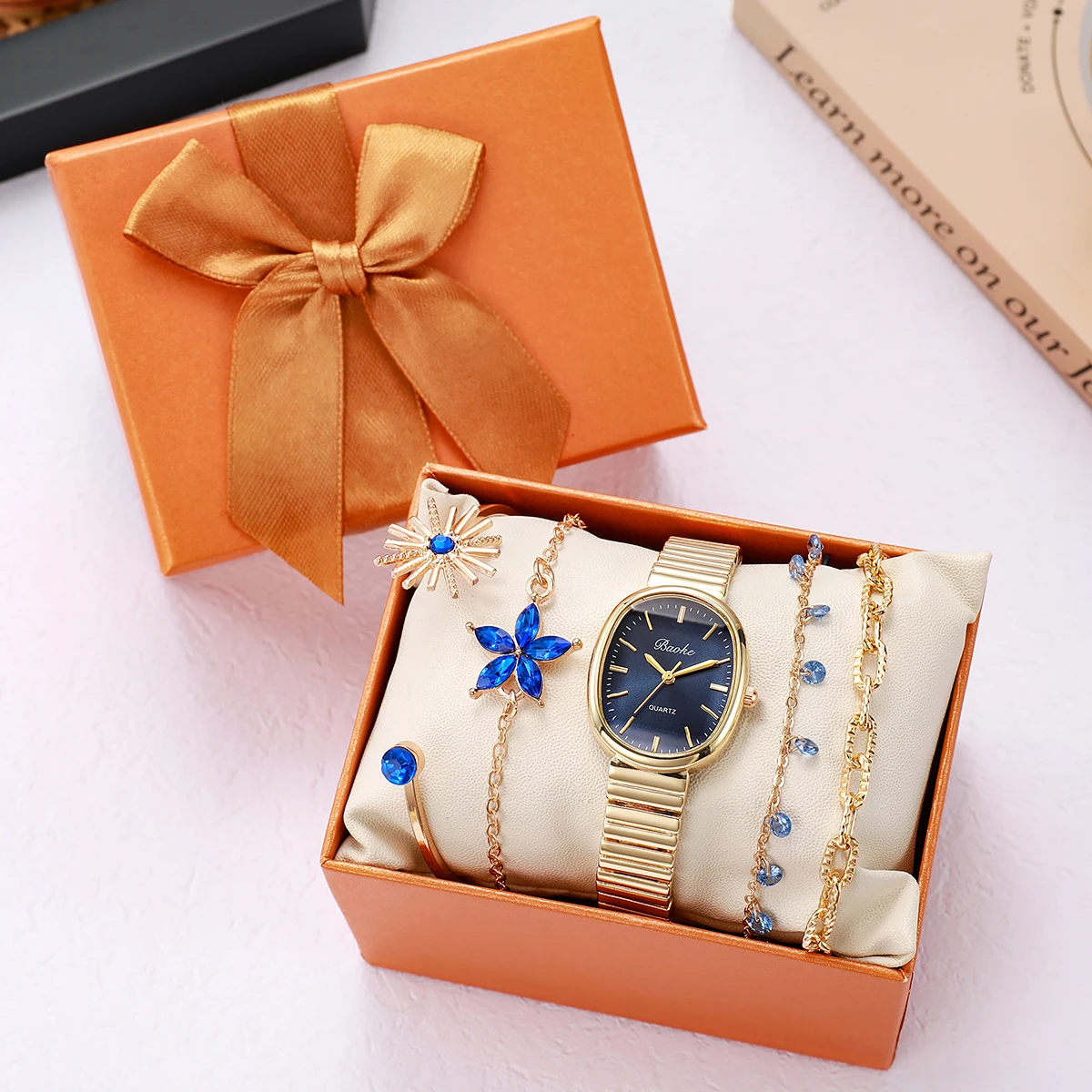 

Женские кварцевые часы синего золота с бриллиантами, набор цветочных звездных элементов, браслет, браслет, роскошный подарок на день рождения, изысканная подарочная коробка