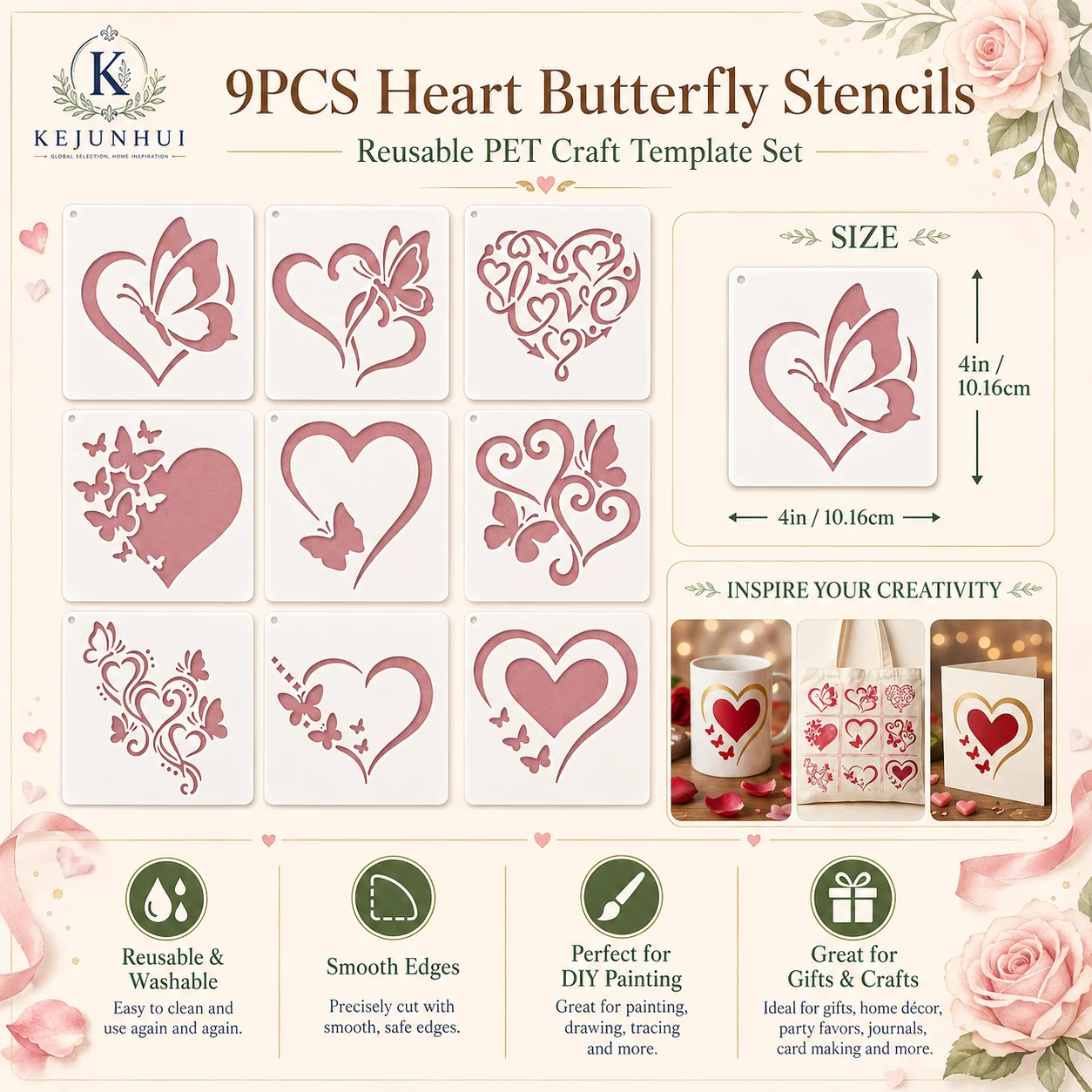 9pcs Heart and Butterfly Theme Stencils,Reusable Valentine'S Day Stenicil forArt,Durable PET for Wall,Fabric,DIY,Card Making