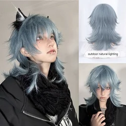 16Inch Haze Blue Color Handsome Synthetic Wig With Bang Medium Natural Wavy Hair Wig for Man or Women Cosplay Heat Resistant