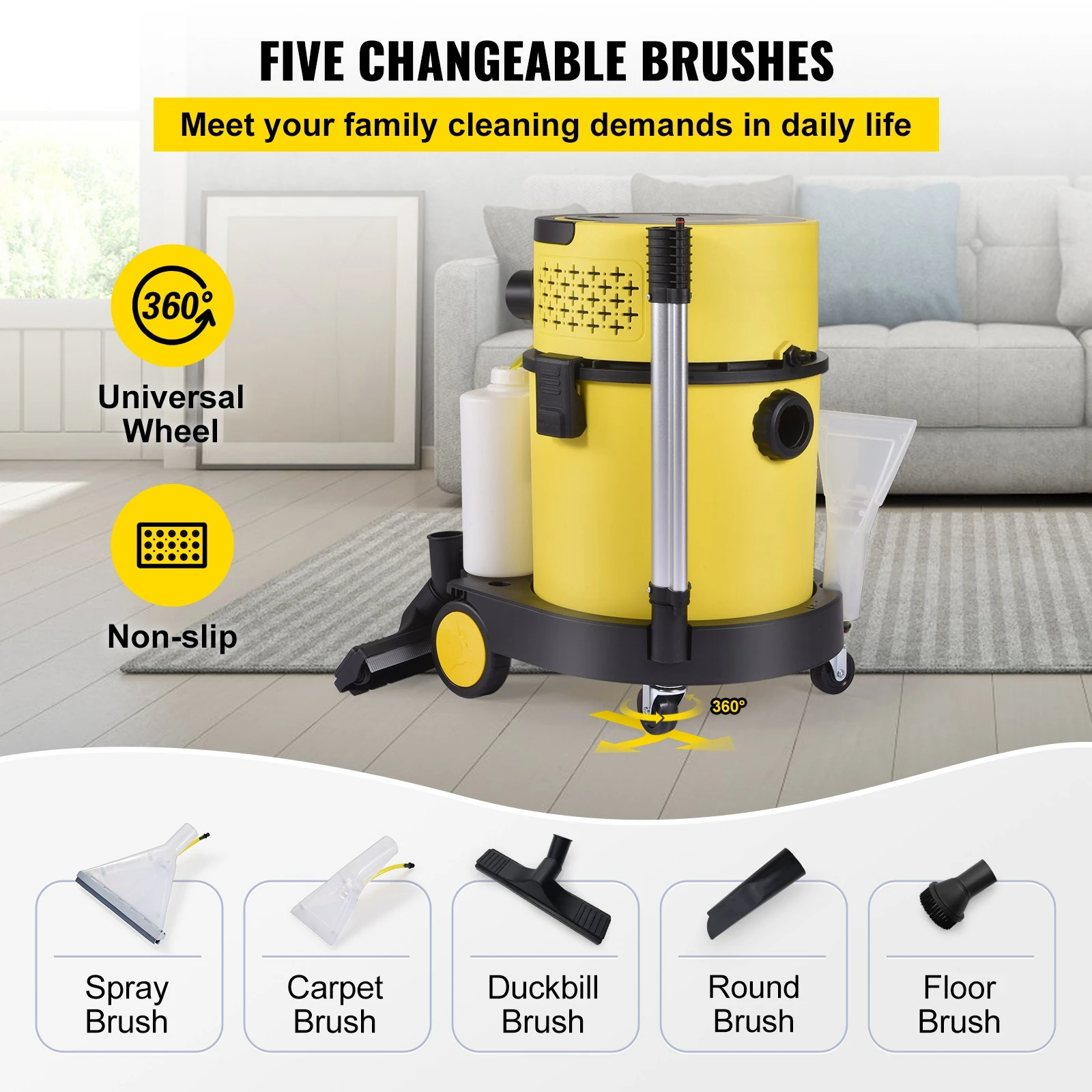 เครื่องดูดฝุ่นแบบเปียกและแห้ง 5.3 แกลลอน 2 แรงม้า 4-in-1 แบบพกพา พร้อมฟังก์ชั่นเป่าลมและฉีดพ่น สำหรับใช้ในบ้านและรถยนต์