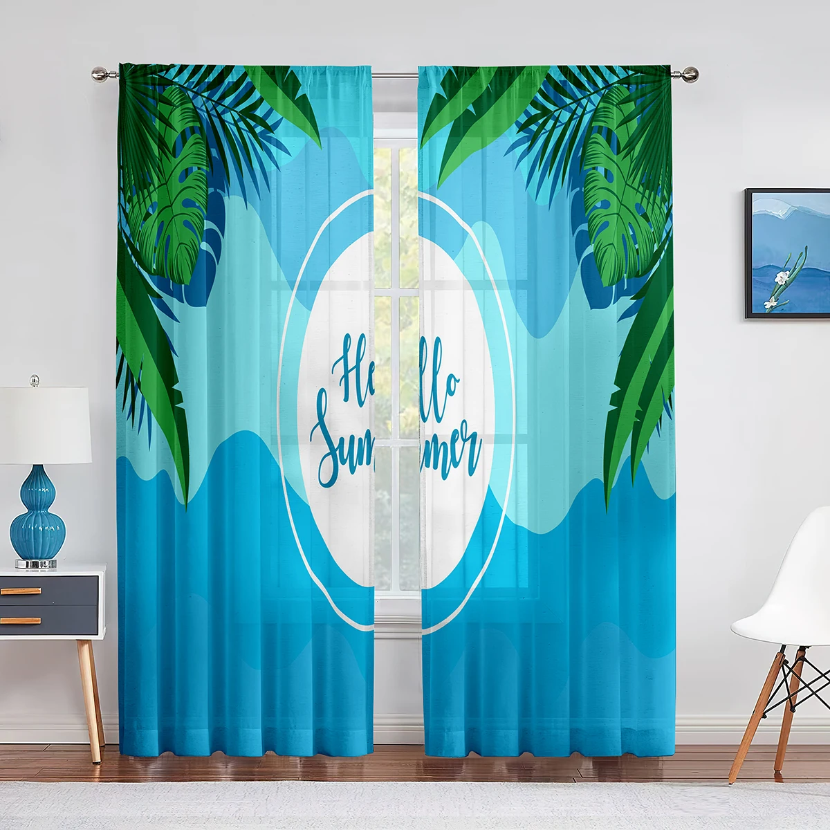 Tropical Island Beach Theme Palm Leaf and Sea Tulle Curtains for Living Room Bedroom Chiffon Sheer Voile Kitchen Window Curtain