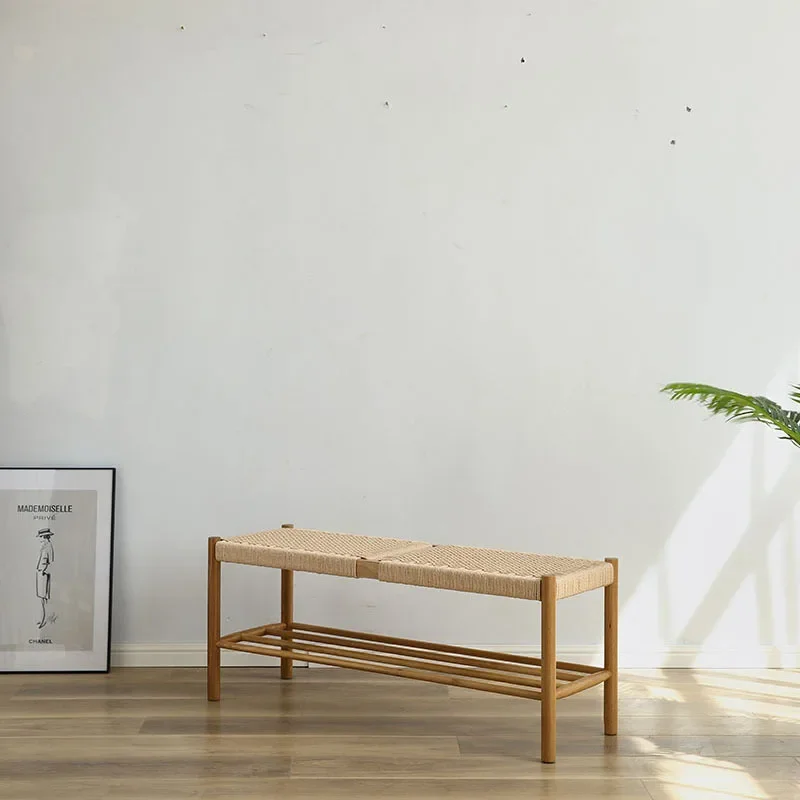 Cross braided rope stool white oak solid wood stool porch shoe change stool dining room bedroom end of bed braided rope bench