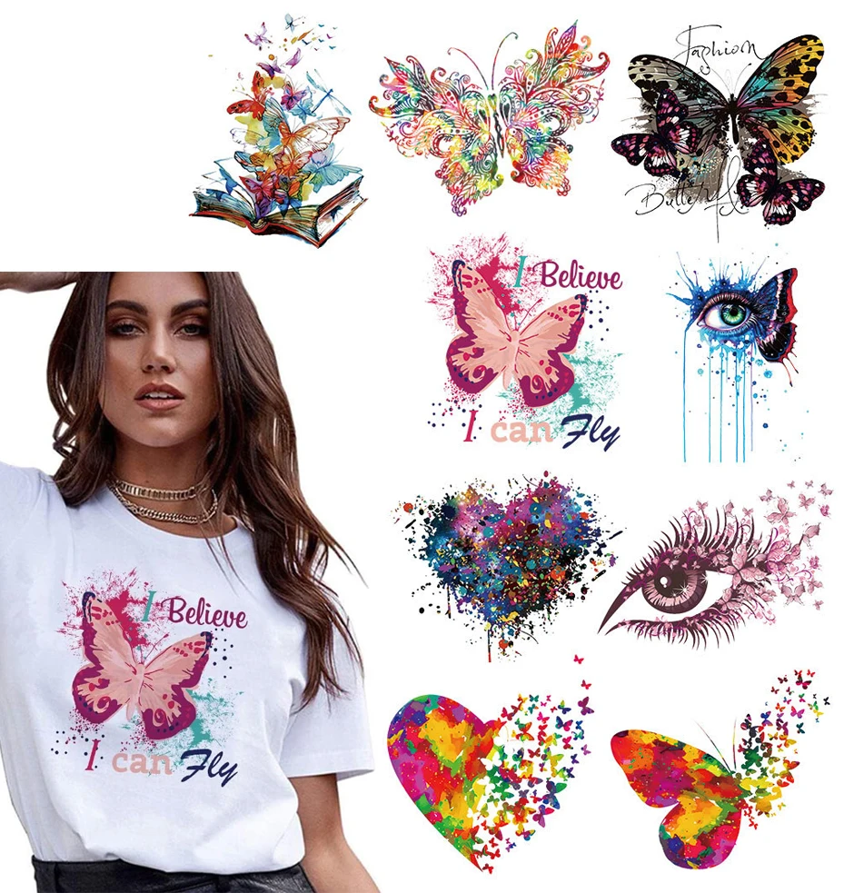 Colorful Butterfly Heat Transfer Patches Iron On Vinyl Stickers for T-Shirt Hoodie DIY Clothing Decoration Washable Applique