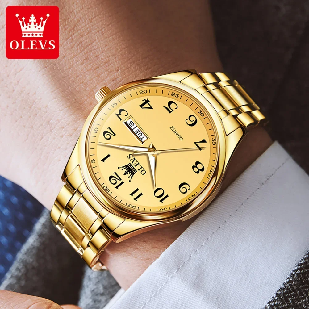Orologio al quarzo OLEVS per uomo orologio da polso da uomo di moda Casual con quadrante doppio calendario luminoso impermeabile in acciaio inossidabile dorato di lusso