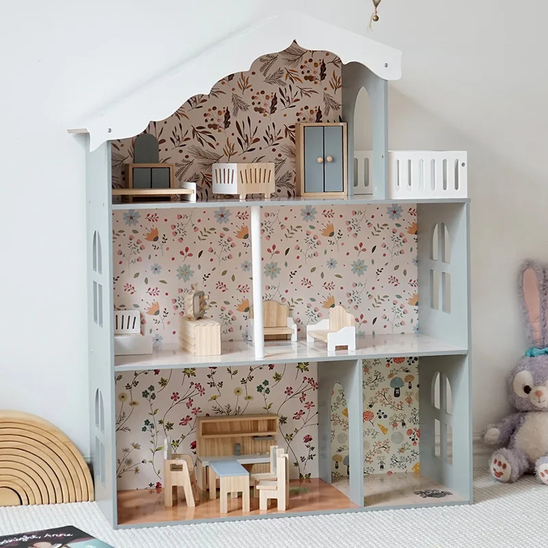 Wooden Nordic Wind Simulation Light Three-story Villa Simulation Play House Princess House Set Toy