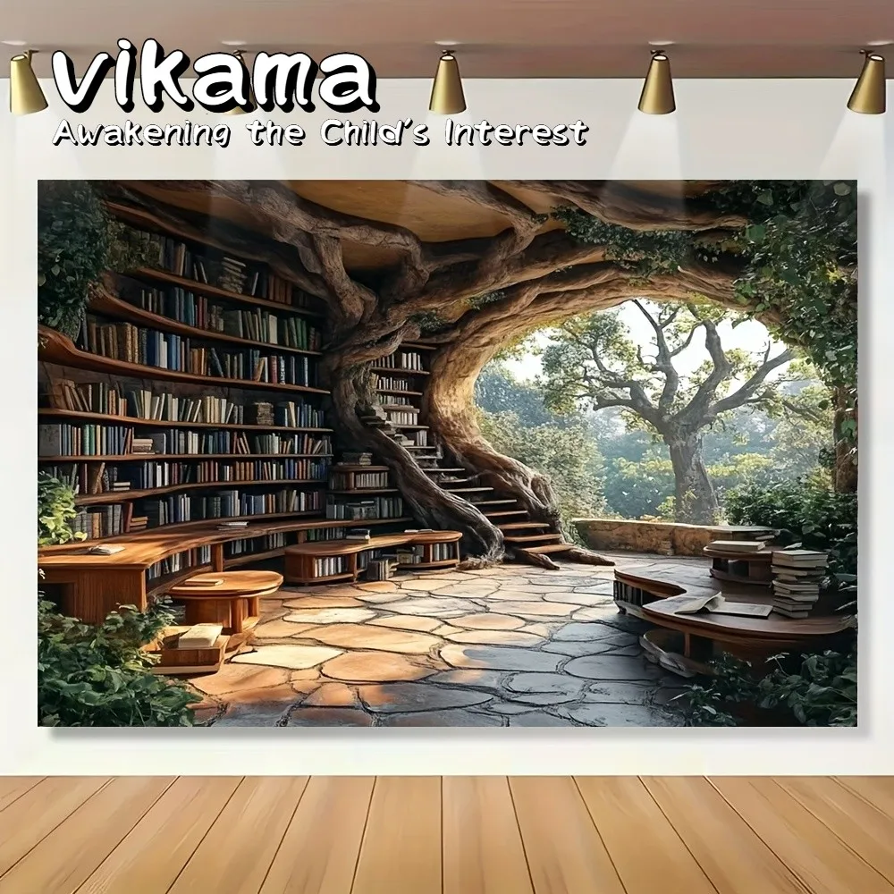 VIKAMA Baumloch-Bücherregal-Wandteppich, schwarz-weißer Stoff, dekorativer Wandteppich für das Wohnzimmer, Heimatmosphäre-Dekoration