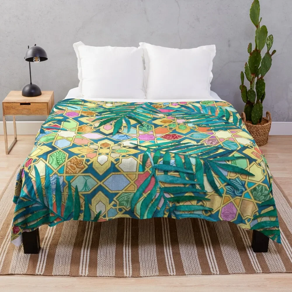 

Gilded Moroccan Mosaic Tiles with Palm Leaves Throw Blanket Foldable Soft Warm Blanket for Outdoor Use