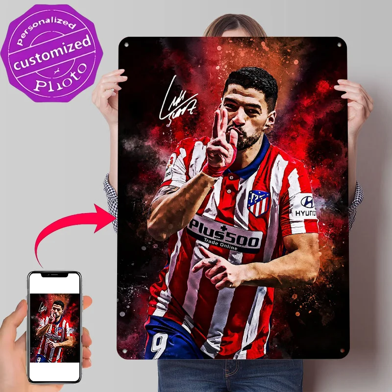 Poster Metálico 3D Personalizado Luis Suarez Atletico Madrid Celebração - Arte de Parede em Metal para Decoração de Garagem e Mancave - Presente Ideal