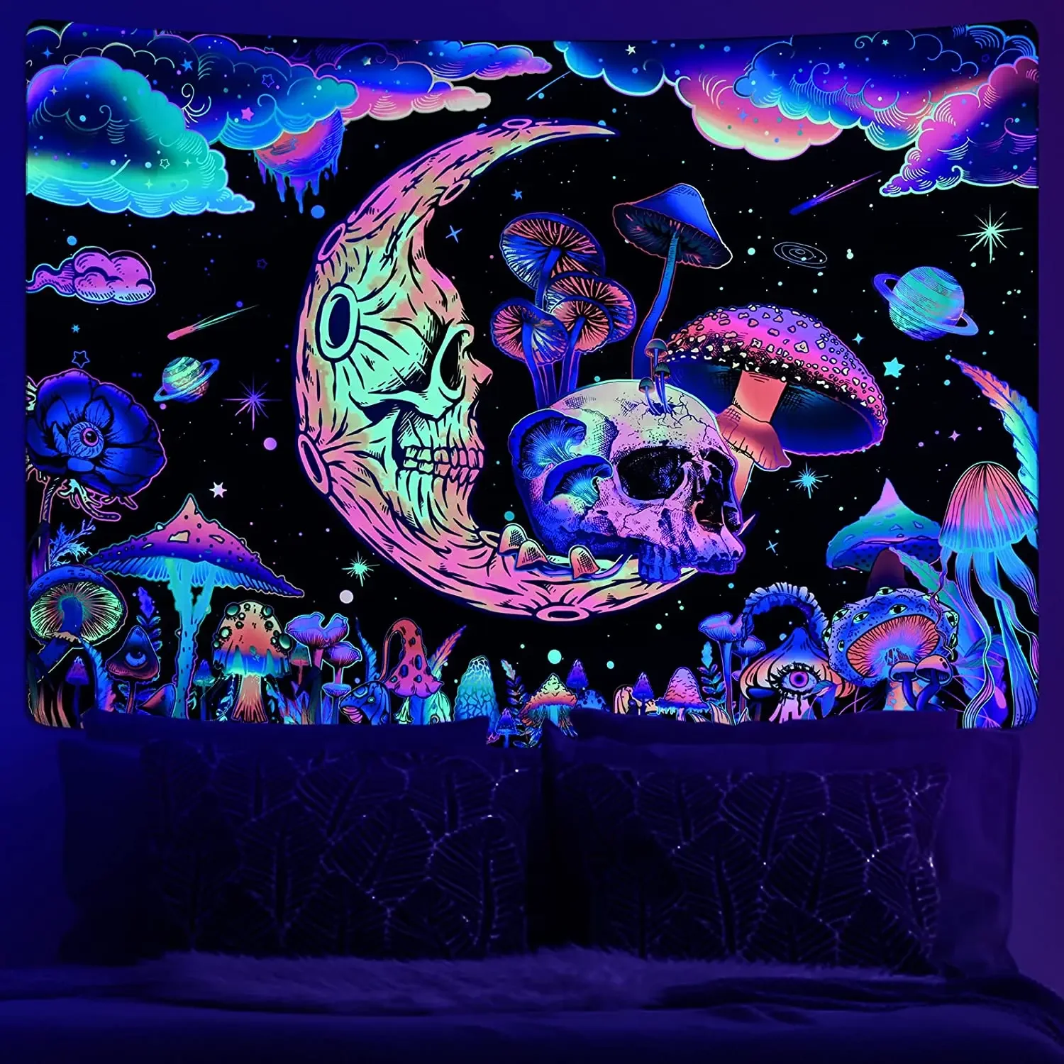 Blacklight Galaxy Moon Tapestry Trippy Plant Floral UV Reactive Neon Mountain Forest Psychedelic Wall Tapestrie for Room Decor