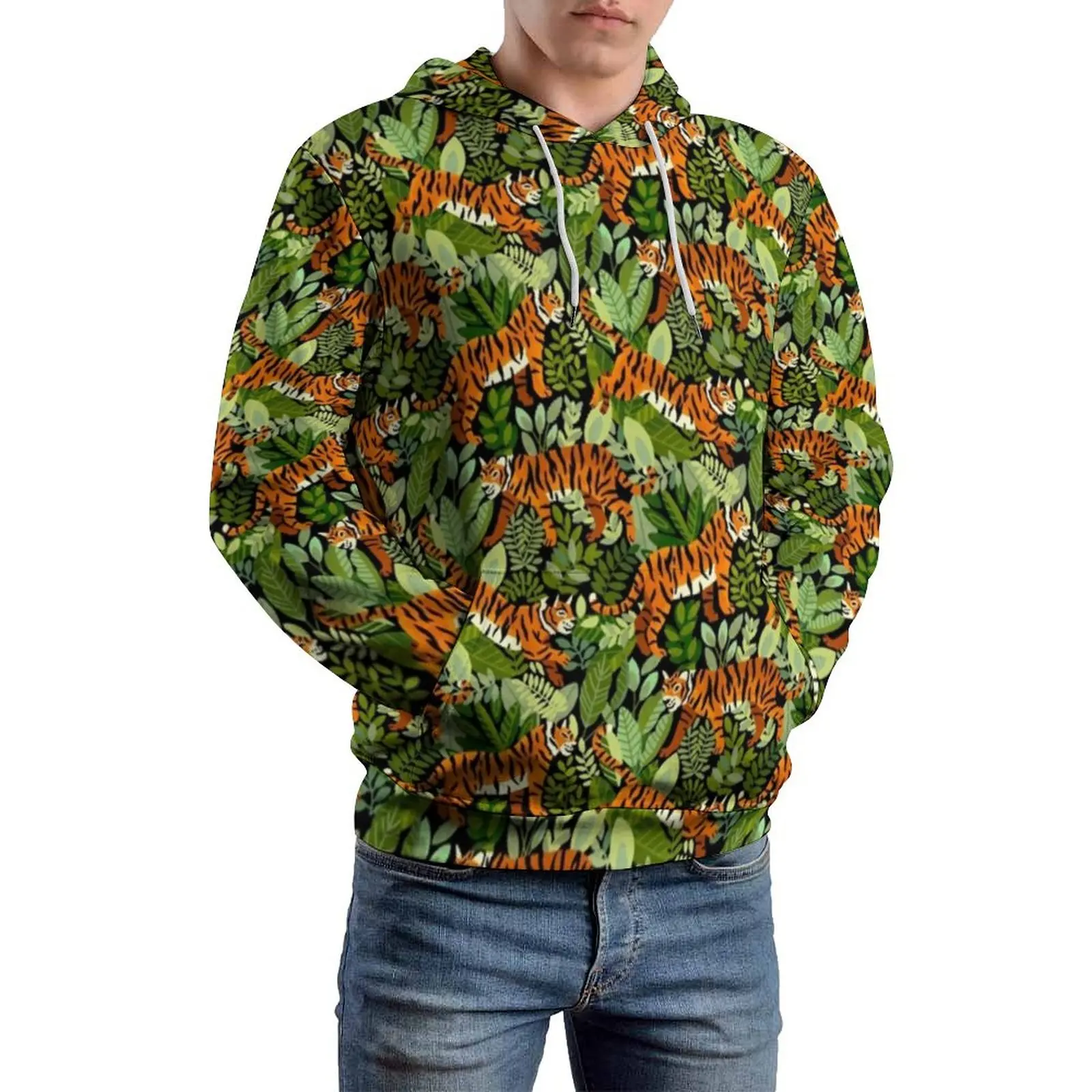 

Bengal Tiger Print Loose Hoodies Green Jungle Hip Hop Hoodie Unisex Long-Sleeve Oversized Casual Design Top