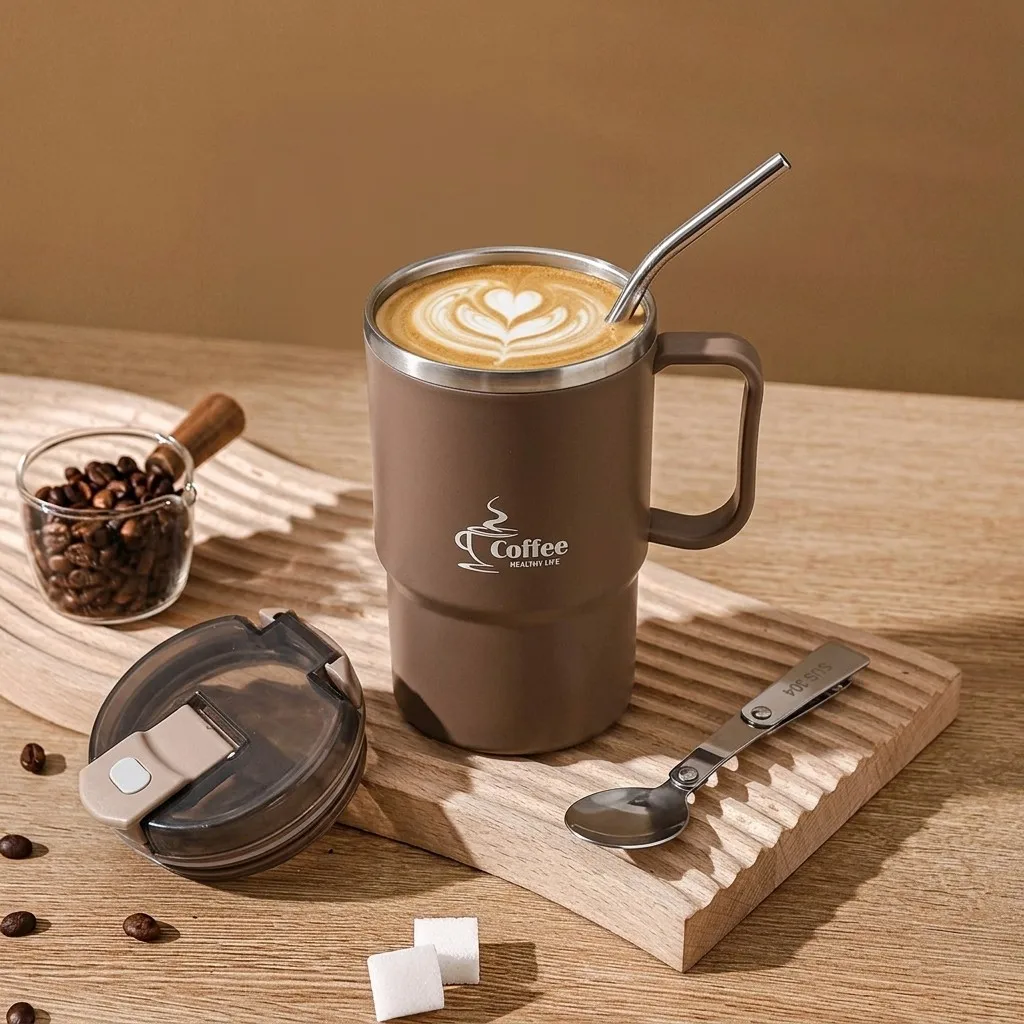 Mug isotherme portable avec poignée, en acier inoxydable 304, gobelet de voyage isolé, thermos anti-fuite avec couvercle, cuillère et filtre à thé