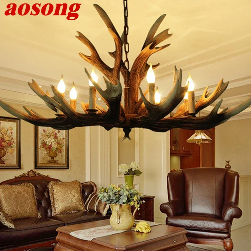 

AOSONG американская люстра из рога оленя, светодиодная ретро креативная гостиная, ресторан, спальня, кафе-бар, магазин одежды, подвесной светильник