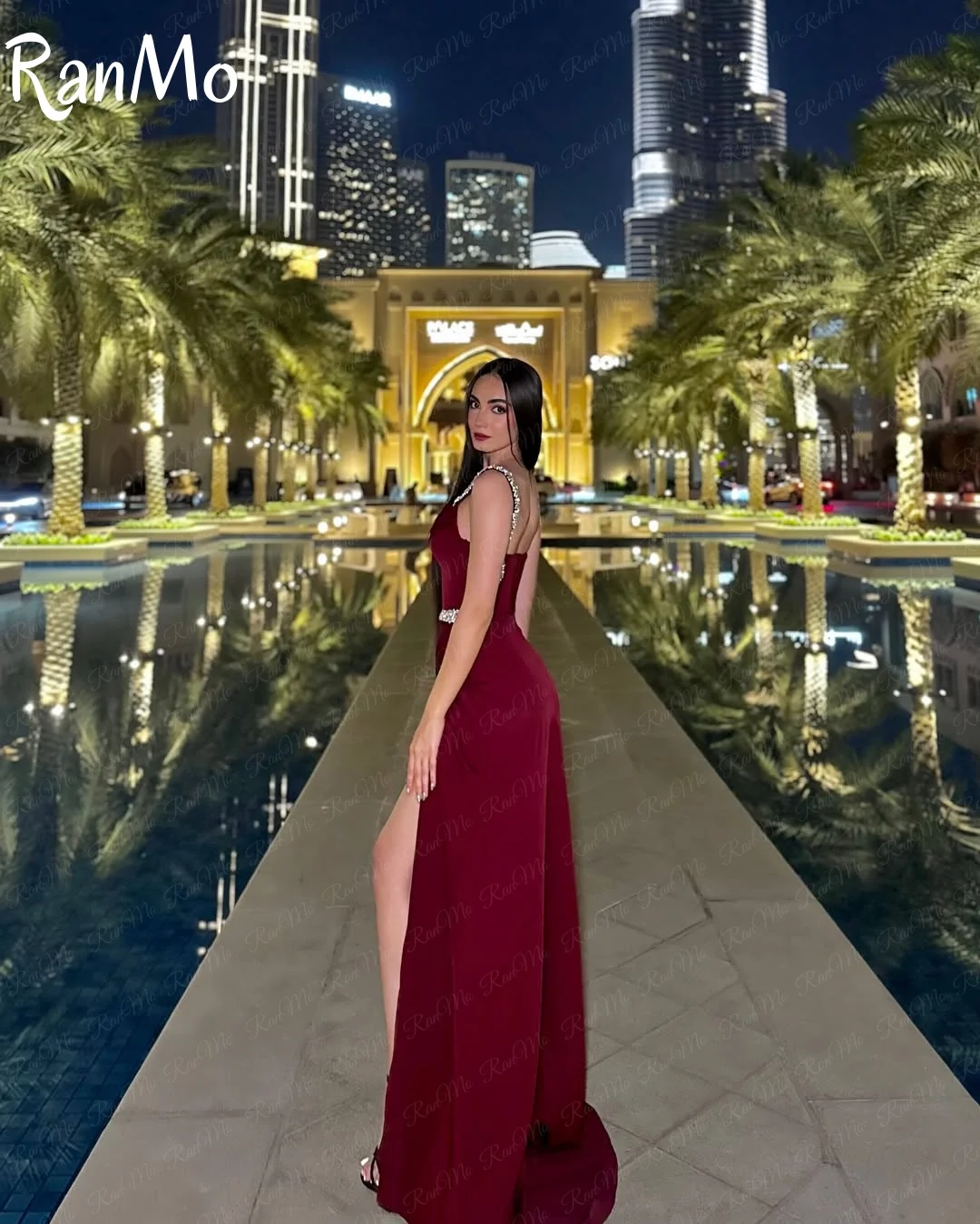 فستان سهرة أنيق باللون العنابي من Ranmo فستان حفلات بحزام سباغيتي مخصص مطرز لحفلات الزفاف حورية البحر فيستدو دي نوش