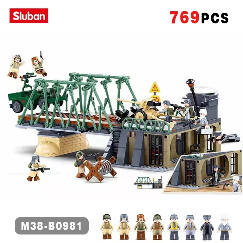 Sluban 769PCS WW2 Battle Of Budapest Bridge Scene Building Blocks Classic War View Model Bricks Set With Figures Kids Toys Gifts