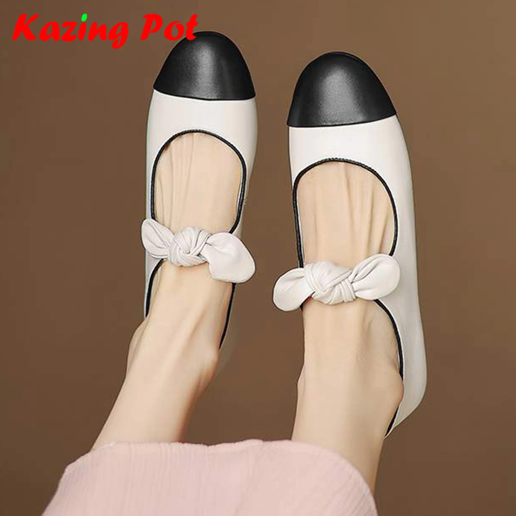 Krazing Pot 2025 Sheepskin Round Toe Women Summer Ballet Dancer Street Wear Shallow Mixed Color Butterfly-knot Comfortable Flats