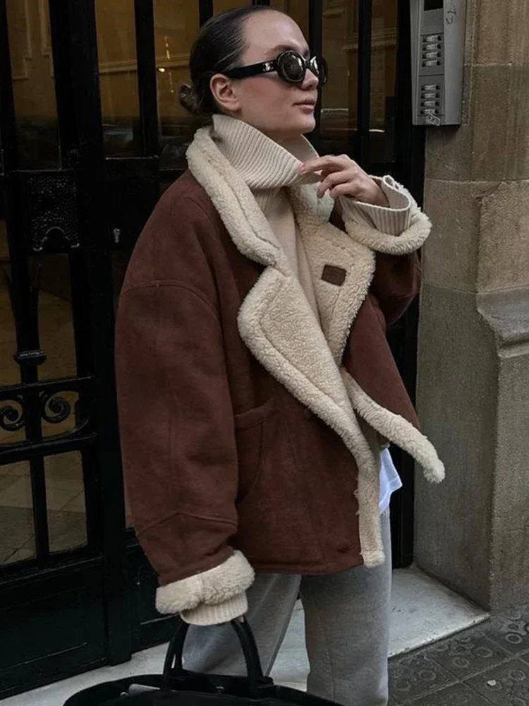 2505 جديد الشتاء سترة دافئة للنساء الشارع عادية فضفاض جيب المرقعة التلبيب سترة فام أنيقة خمر الجلد المدبوغ معاطف #2