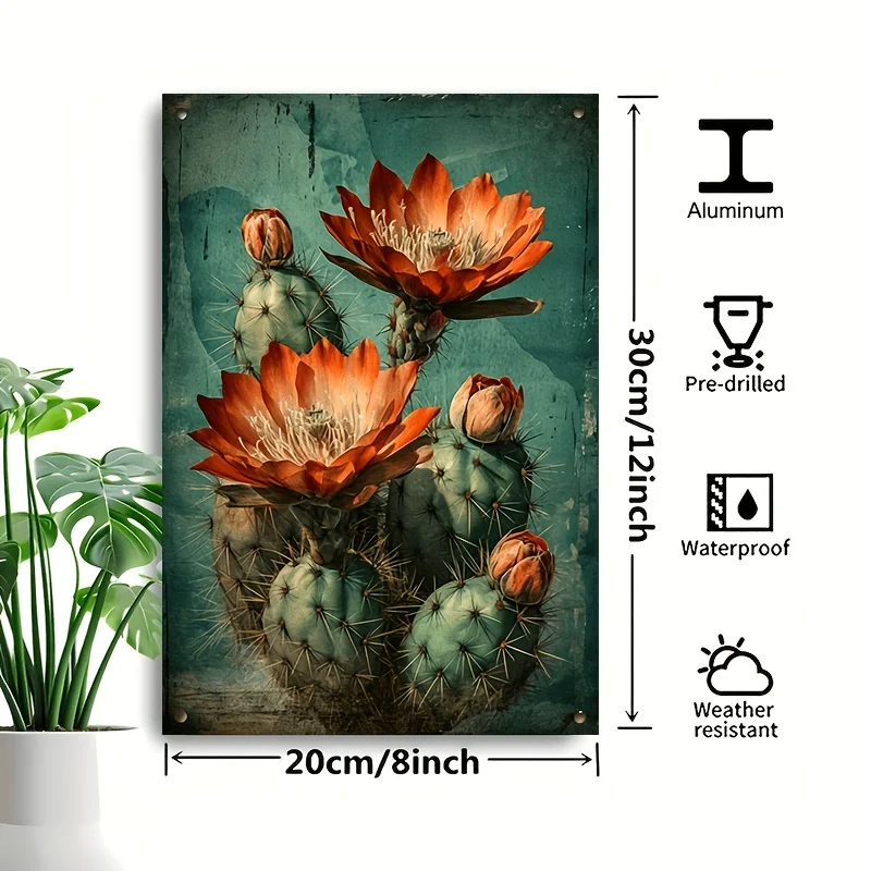 Cactus with Flowers Aluminum Metal Sign: Multipurpose Home & Bar Decor (8x12Inch/20*30cm)