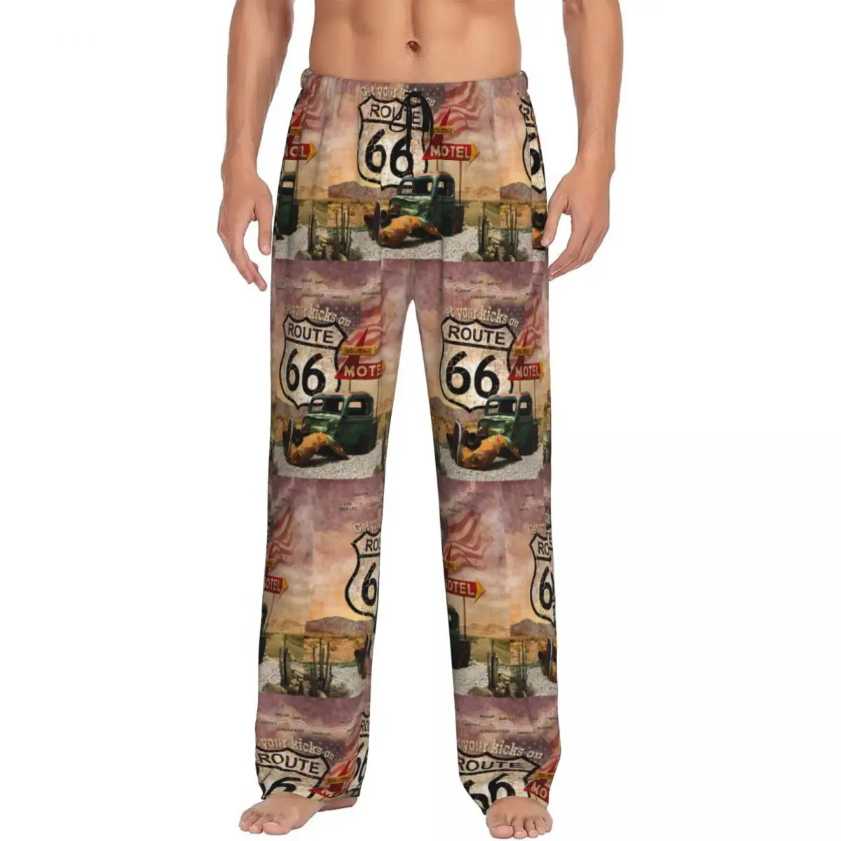 Custom Print Men Main Street Of America Pajama Pants Get Your Kicks On Route 66 Sleepwear Sleep Lounge Bottoms with Pockets