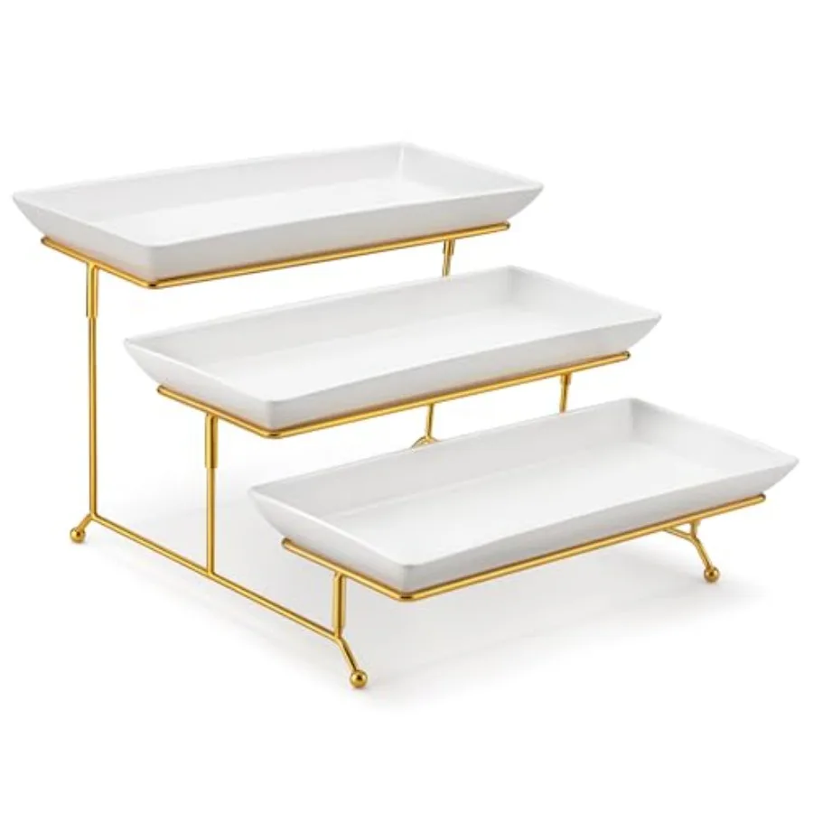 

3 Tier Serving Trays for Party, 14 Inch Porcelain White Trays for Serving Food, Dessert Stand with Collapsible Gold Metal Rack