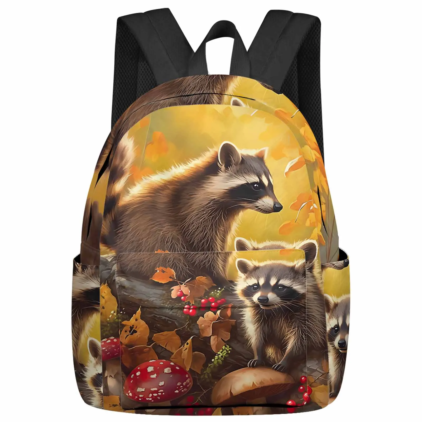 

Autumn Maple Leaf Raccoon Mushroom Red Fruit Backpacks Teenagers Student School Bags Laptop Custom Backpack Men Women Travel