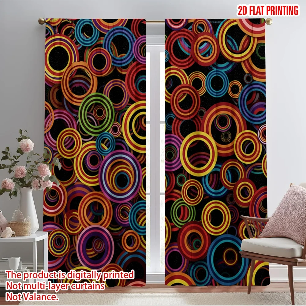 2pcs 2D flat printing Party Curtains Colorful Circle 100% Polyester Without Electricity Festive Holiday for Holiday Celebrations