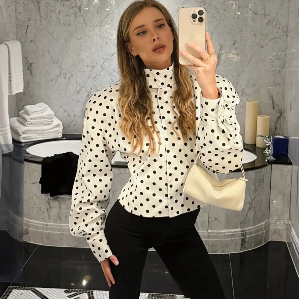 Ticketsx Polka Dots Blazer Women's Stand Collar Long Sleeve Single Breasted Loose Cost Lady Formal Casual Holiday Tailored Coat