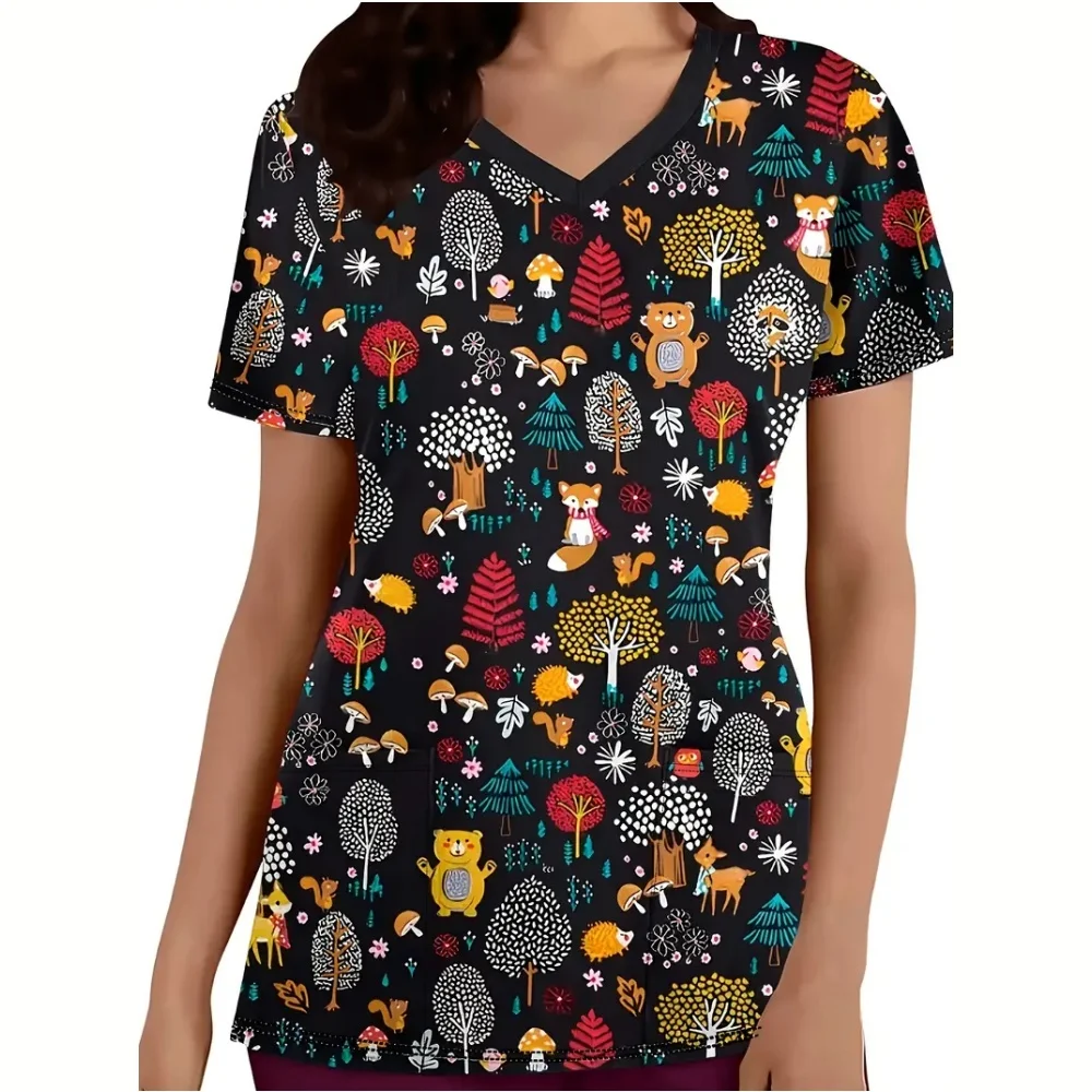 Medical Uniform for Women Cute Animal Pattern V-Neck Vet Medico Fashion Short Sleeve Patch Pocket Dental Clinical Uniform Woman
