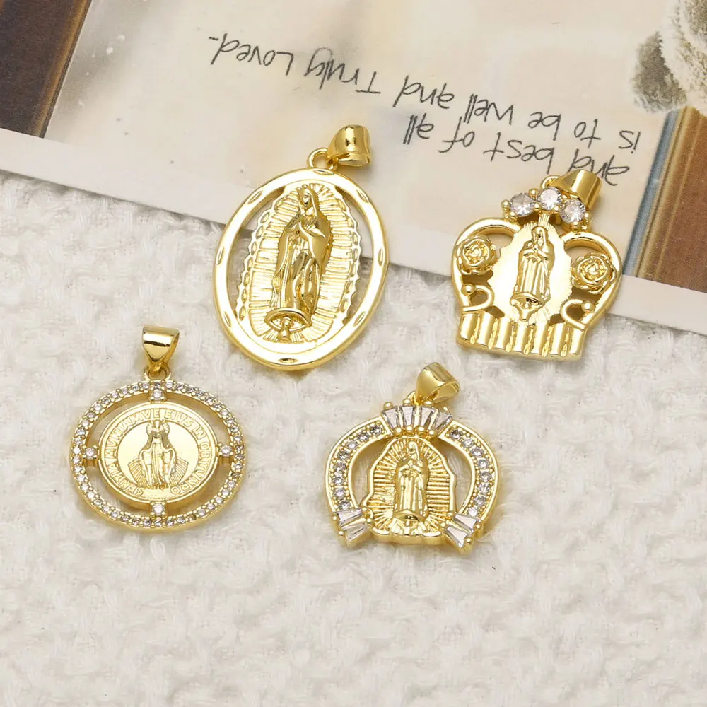OCESRIO Virgin of Guadalupe Gold Plated Copper White Crystal Catholic Charms for Necklace Jewelry Making Supplies DIY pdtc016