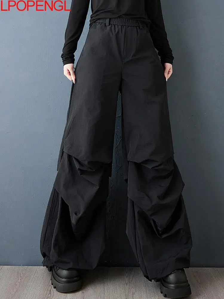 

Женские брюки 2026: Новинка весенней коллекции, в стиле панк-ретро, черные, повседневные, универсальные, широкие, прямые, оверсайз, с эластичным поясом