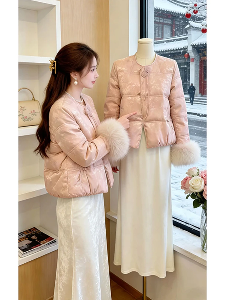 

New Chinese Sle Pink round Ne down Cotton Jaet Women's Winter Faionable Button Cotton Clothes Simple Loose Fit Long S...