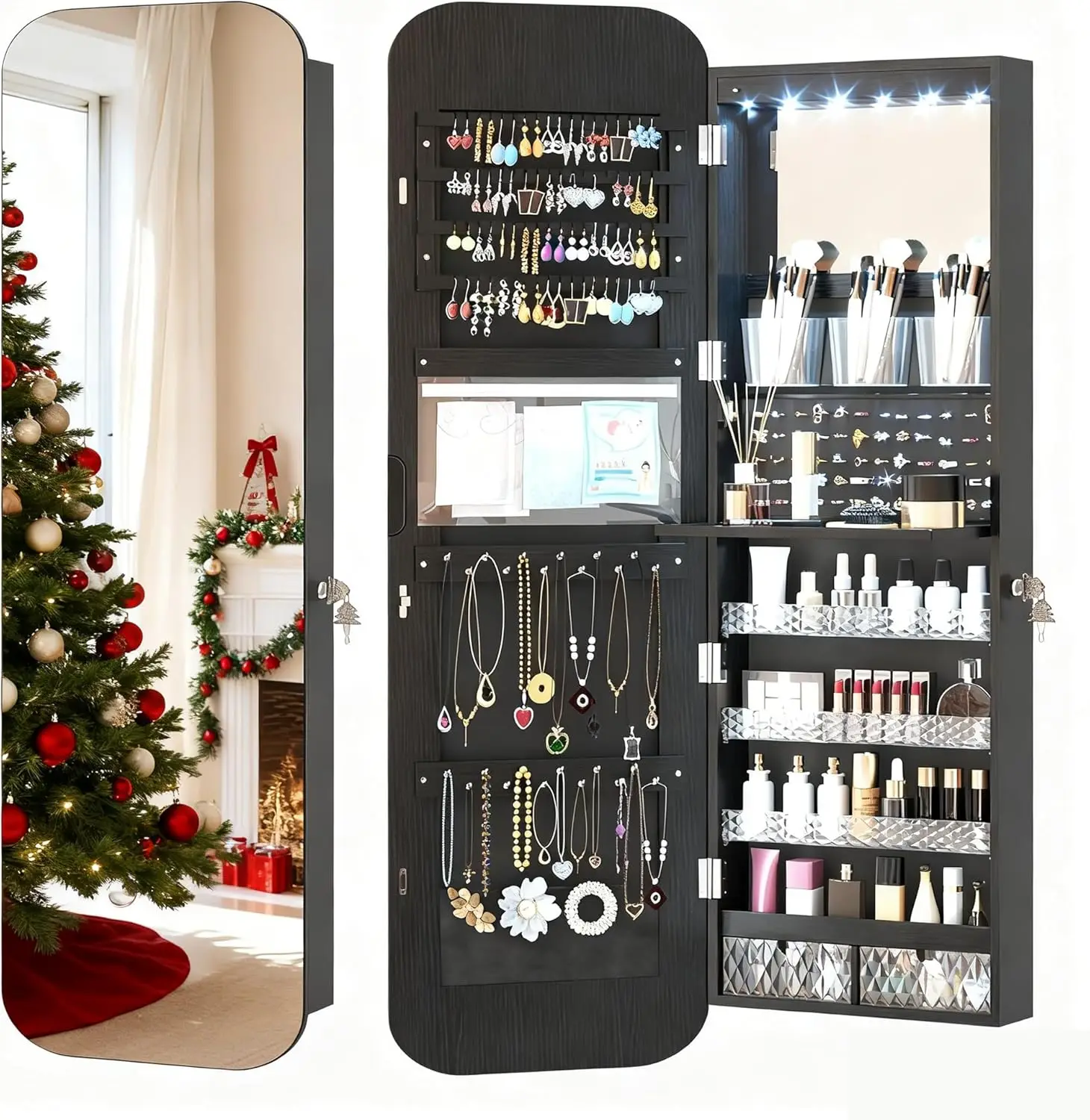 

47.2' LED Full Length Wall Mirror with Storage, Lockable Jewelry Cabinet, Rounded Corner Hanging Mirror Organizer, Black