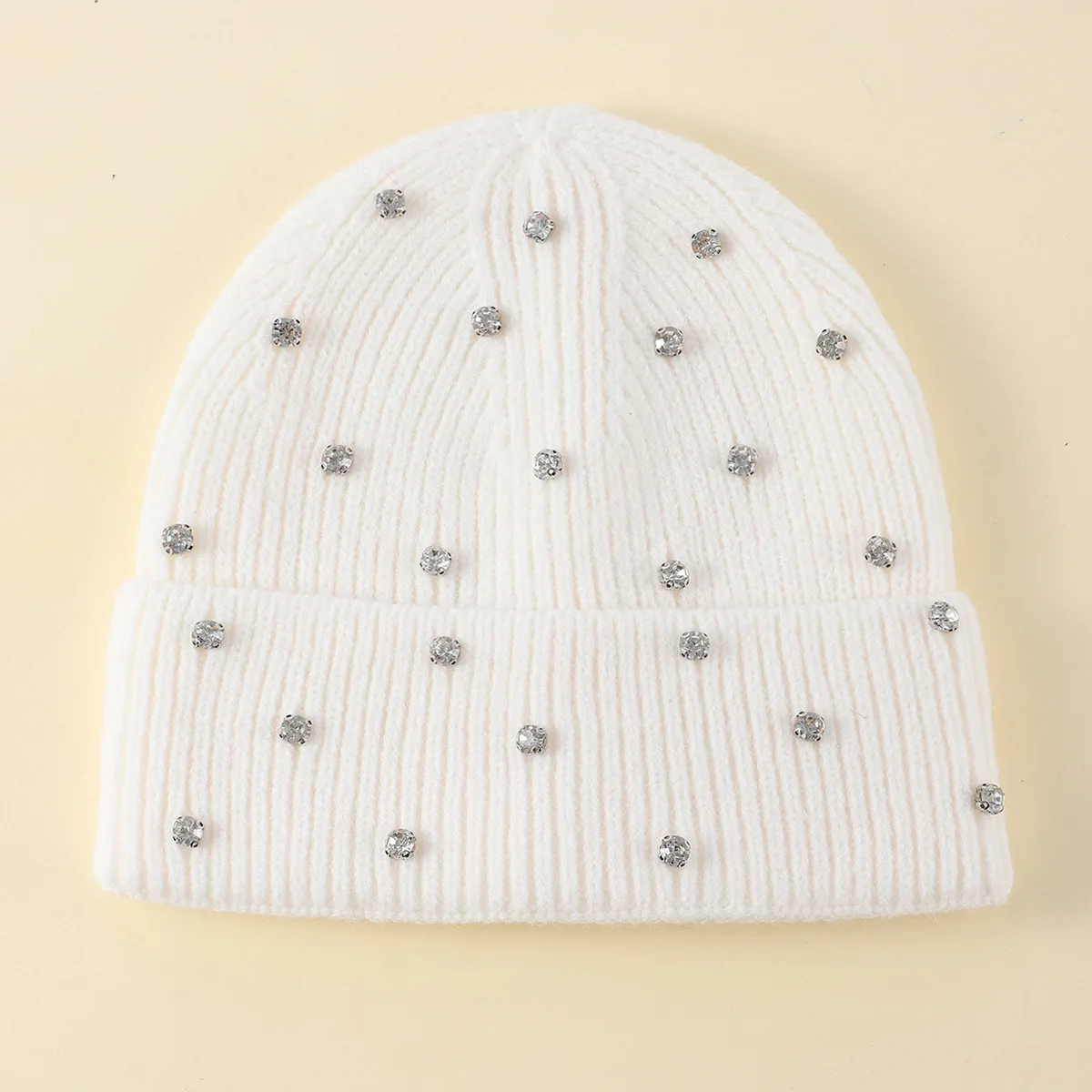 Winter Gestrickte Beanie Frauen Mode Strass Perlen Stricken Hüte Damen Casual Skullies Kappe Weibliche Einfarbig Casual Knochen – Detail 9