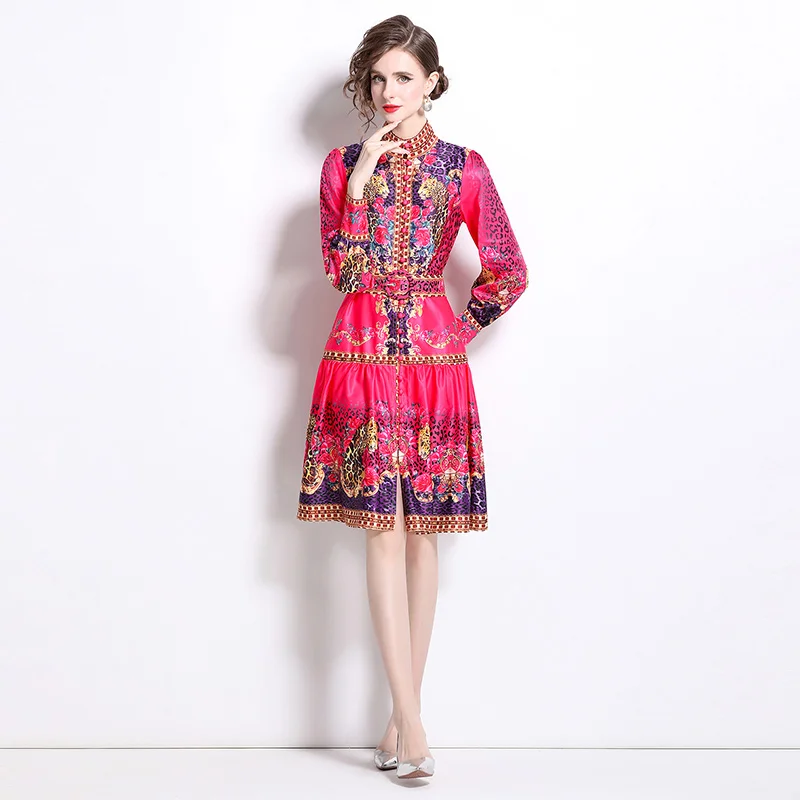 Autumn Fashion Animal Leopard Flower Print Mini Dress Women's Stand Long Lantern Sleeve Single Breasted Belt Beach Party Vestido