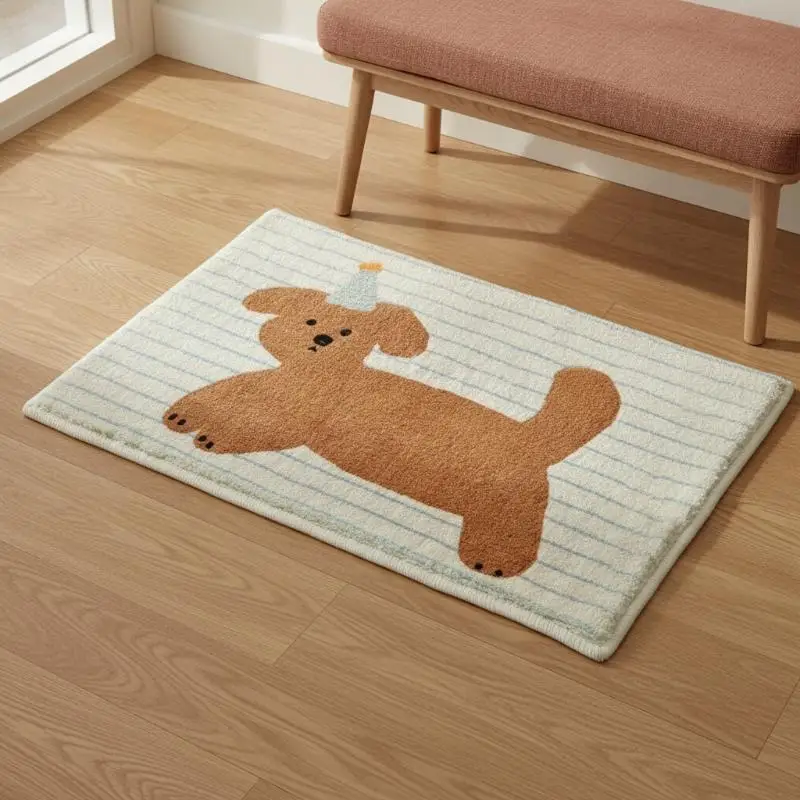 Cute Puppy Striped Print Door Mat Non Slip Fast Drying Soft Small Floor Carpet For Indoor Bathroom Home Decor Supply