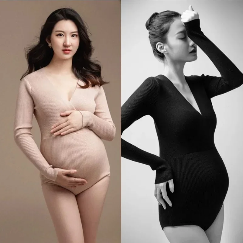 Maternity Photography Dresses Solid Color  Knitted Long Sleeves Onesie Jumpsuit Women Pregnant Clothing